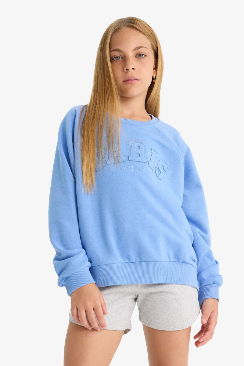 DeFacto Blue Girl Girl Oversize Fit Crew Neck Slogan Printed Sweatshirt Casual - Image 1